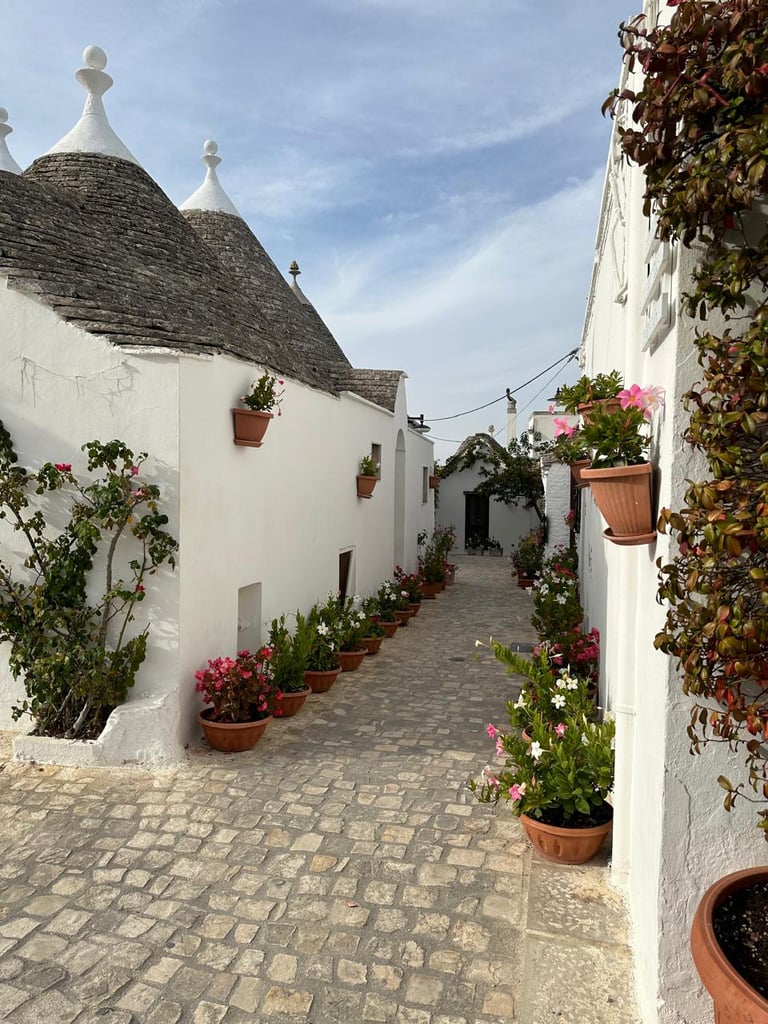 Charming Italian alleyway with white stone buildings, conical roofs, and terracotta pots of colorful flowers lining the narrow path