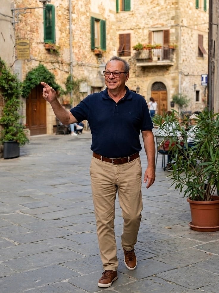 Middle-aged man in glasses and navy shirt waving in a historic European town square with stone buildings