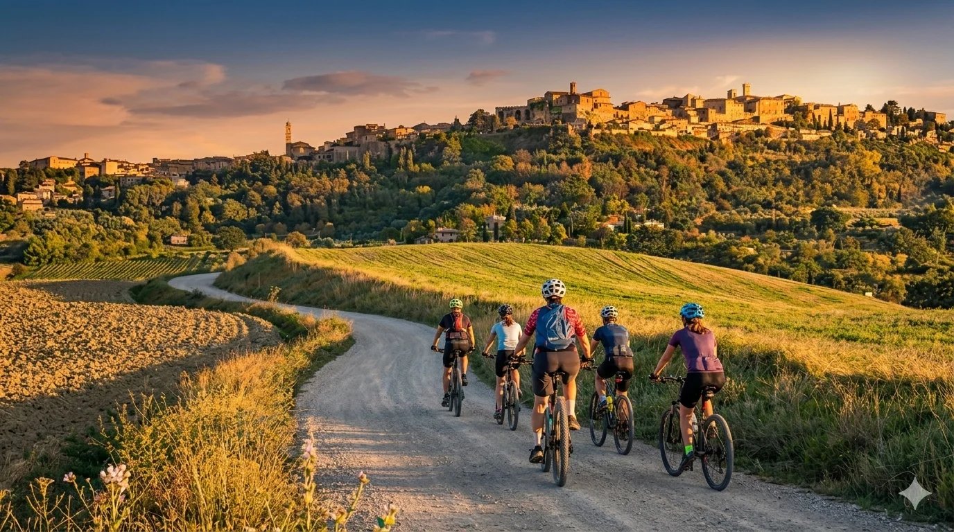 Group of cyclists riding on a dirt road through rolling hills at sunset with a hilltop village in the distance